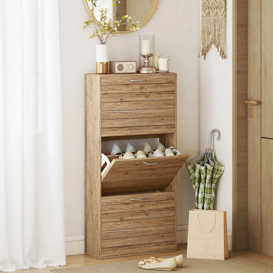 Shoe Storage Cabinet, 3 Flip Drawers, 12 Pair Organizer, Oak Shoe Storage Cabinets & Racks Oak at Gallery Canada