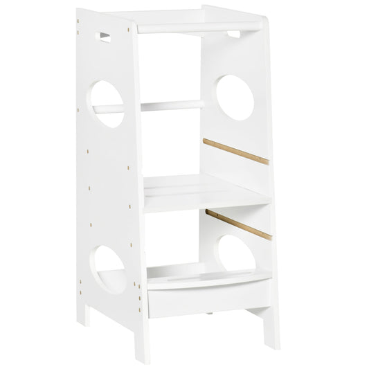 Toddler Tower Kitchen Step Stool with 3-Level Adjustable Height, Kids Step Stool with Safety Rail and Heavy-Duty Structure, White - Gallery Canada