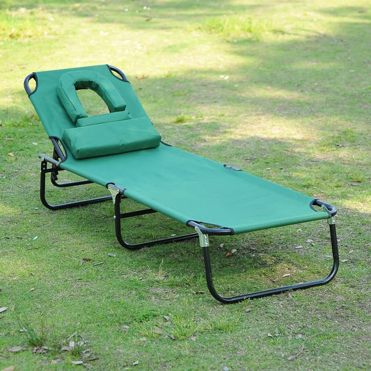 Folding Outdoor Lounge Chair, Portable Reclining Beach Lounger, Detachable Pillow, 3-Position Adjustable, Green Lounger Chairs Dark Green at Gallery Canada