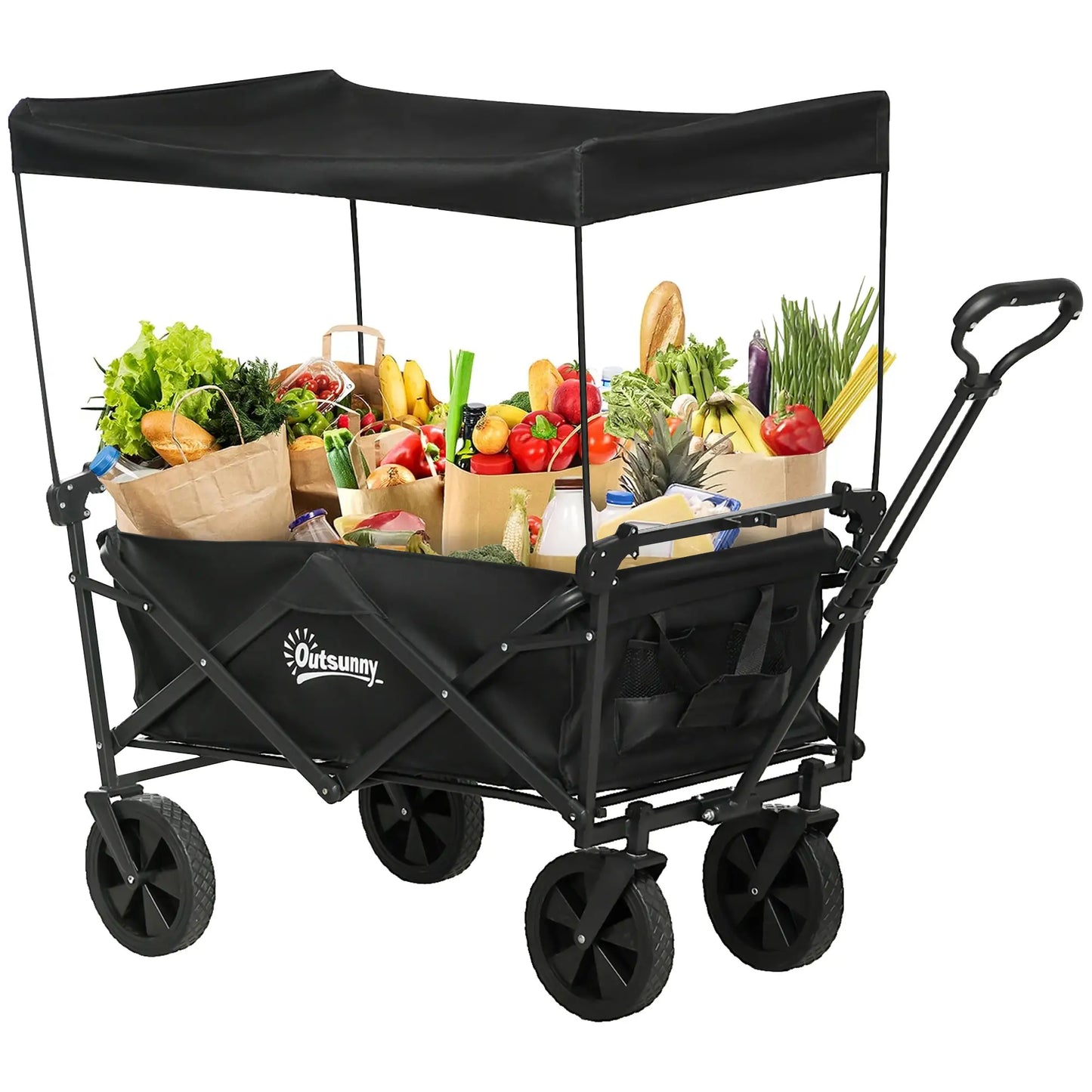 Chariot de Jardin Pliable à Cadre en Acier, Wagon Pliable, Toit Amovible