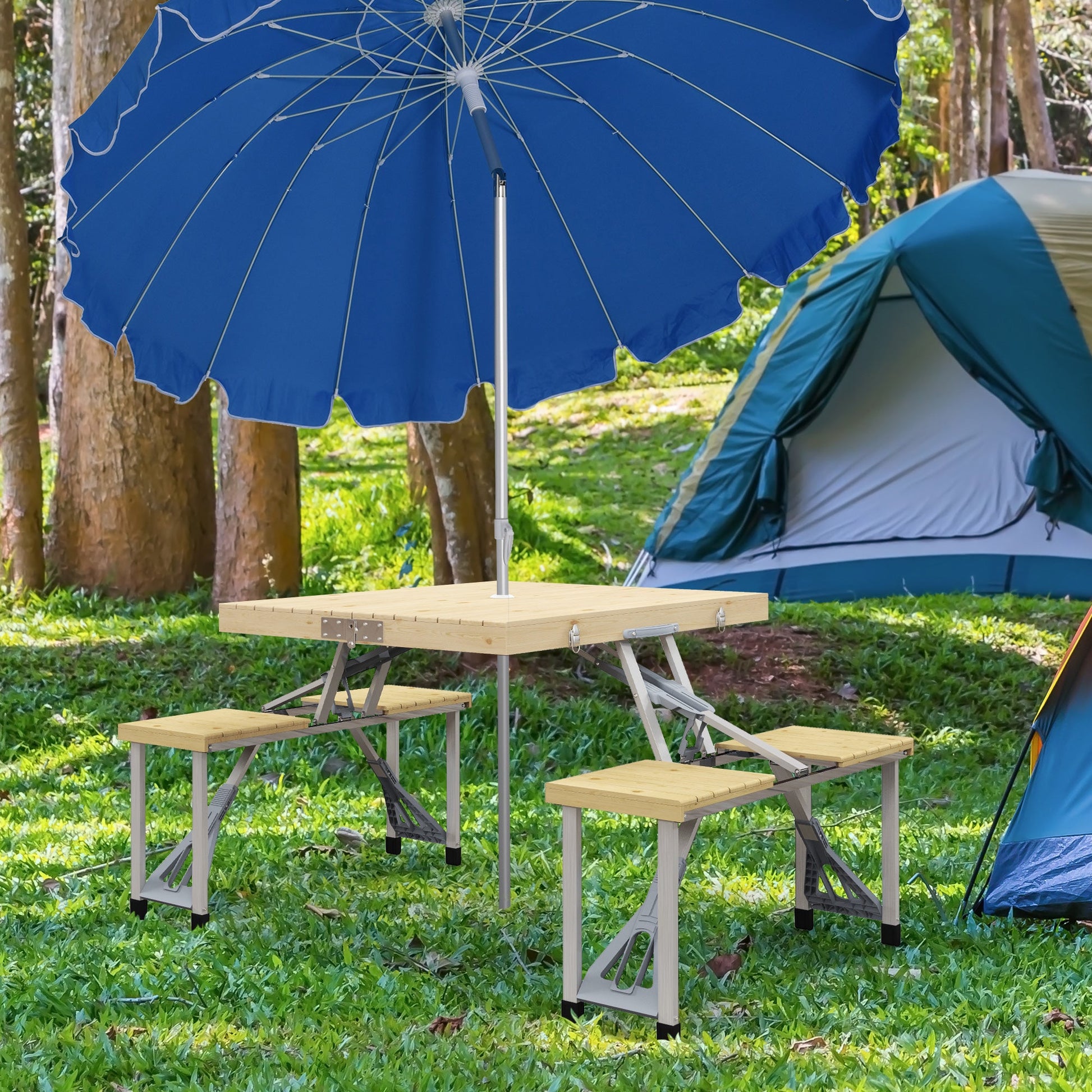 Aluminum Frame Folding Picnic Table, Portable Camping Table and Chairs Set with Umbrella Hole at Gallery Canada