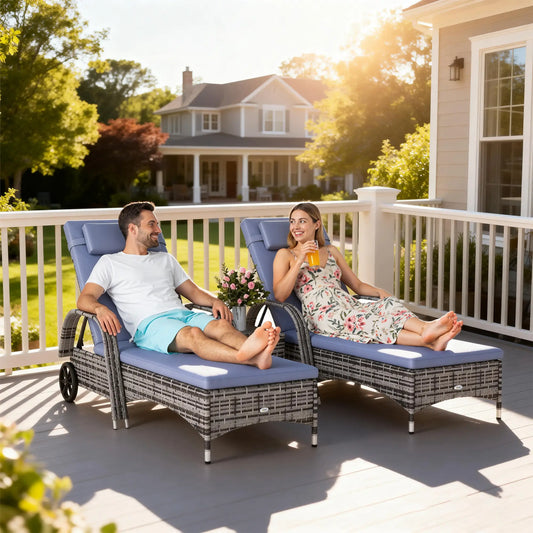 3-Piece Patio Rattan Chaise Lounge Set, Outdoor PE Wicker, Adjustable, Grey Chaise Loungers Grey at Gallery Canada