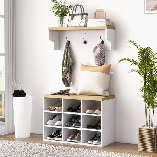 2-in-1 Hall Tree, 5-Hook Coat Rack Shoe Bench Set, White Clothing Storage White, Oak at Gallery Canada