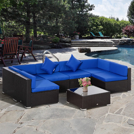 7-Piece Outdoor Rattan Furniture Set, Patio Wicker Sectional Sofa, Blue Patio Furniture Sets Dark Brown Rattan, Blue Fabric at Gallery Canada