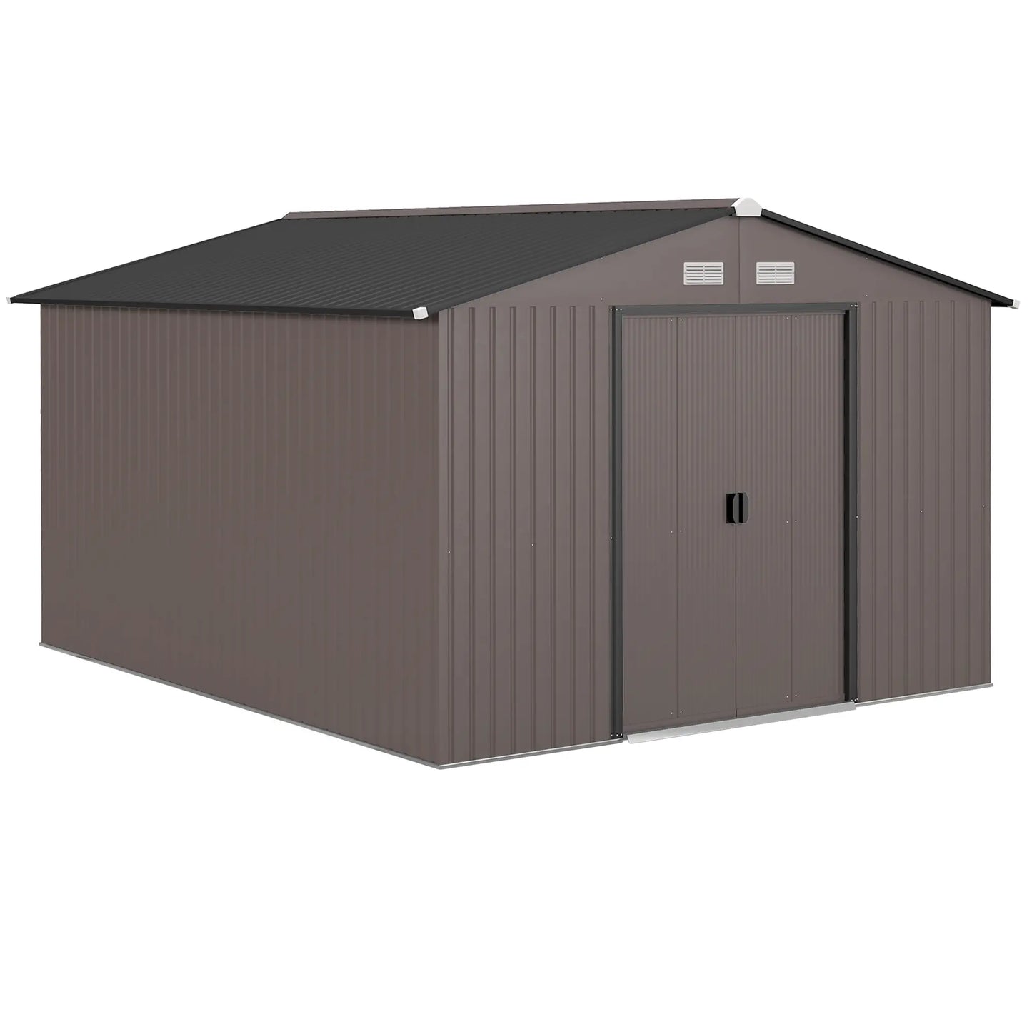9' x 10.6' Garden Storage Shed, Foundation Kit, Metal Tool House, Double Doors, Brown Sheds at Gallery Canada