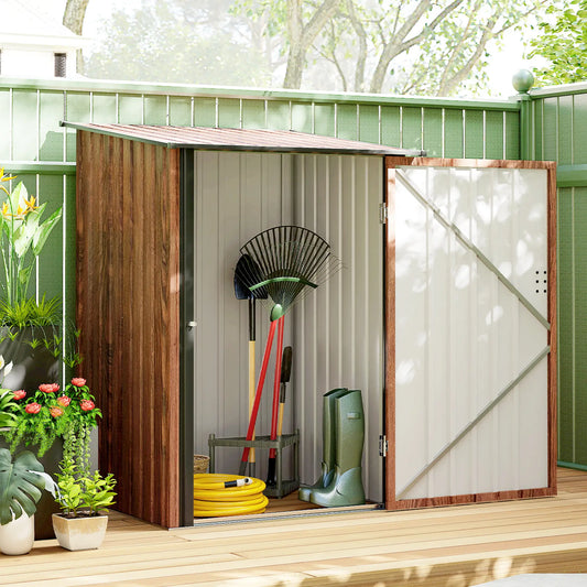 3.3' x 3.4' Lean-To Garden Storage Shed, Galvanized Steel Tool House, Teak