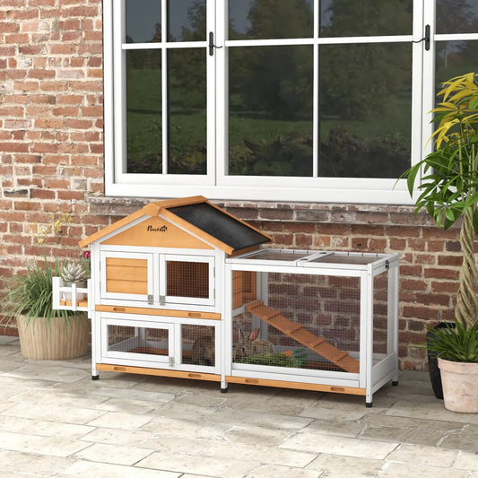 65" Hutch en bois pour lapin, enclos pour animaux de compagnie, toit ouvrable, boîte de rangement, jaune