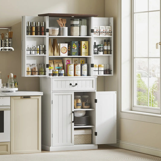 71" LED Kitchen Pantry Cabinet, Farmhouse Storage, Distressed White, White Kitchen Pantry Cabinets Distressed White at Gallery Canada