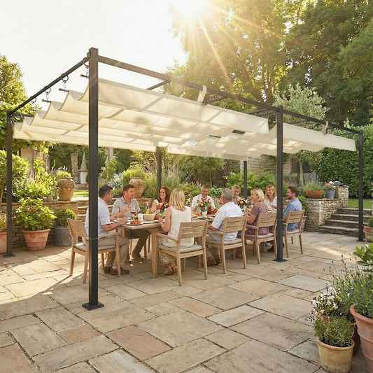 19' x 10' Pergola, Retractable Canopy, UV50+, Cream