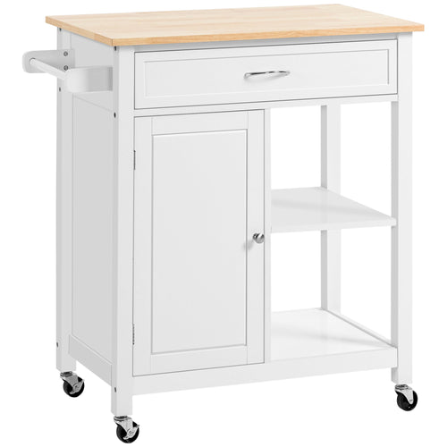 Rolling Kitchen Cart with Wood Top and Drawer, Kitchen Island on Wheels for Dining Room, White