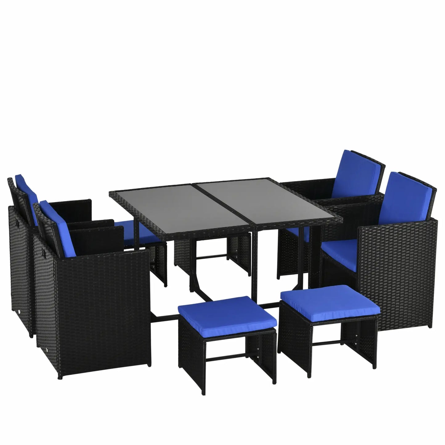 9-Piece Wicker Patio Dining Set, Glass Top Table, Ottomans, Blue Outdoor Dining Sets at Gallery Canada