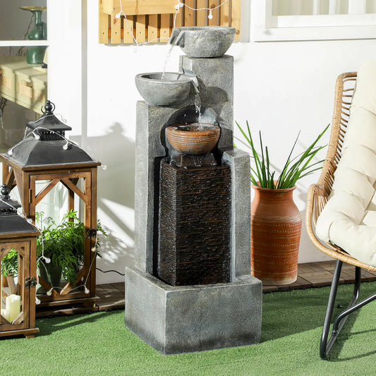 5-Tier Cascading Bowls Outdoor Fountain, LED Lights, Adjustable Flow, 43.3-inch Water Fountains Grey, Brown at Gallery Canada