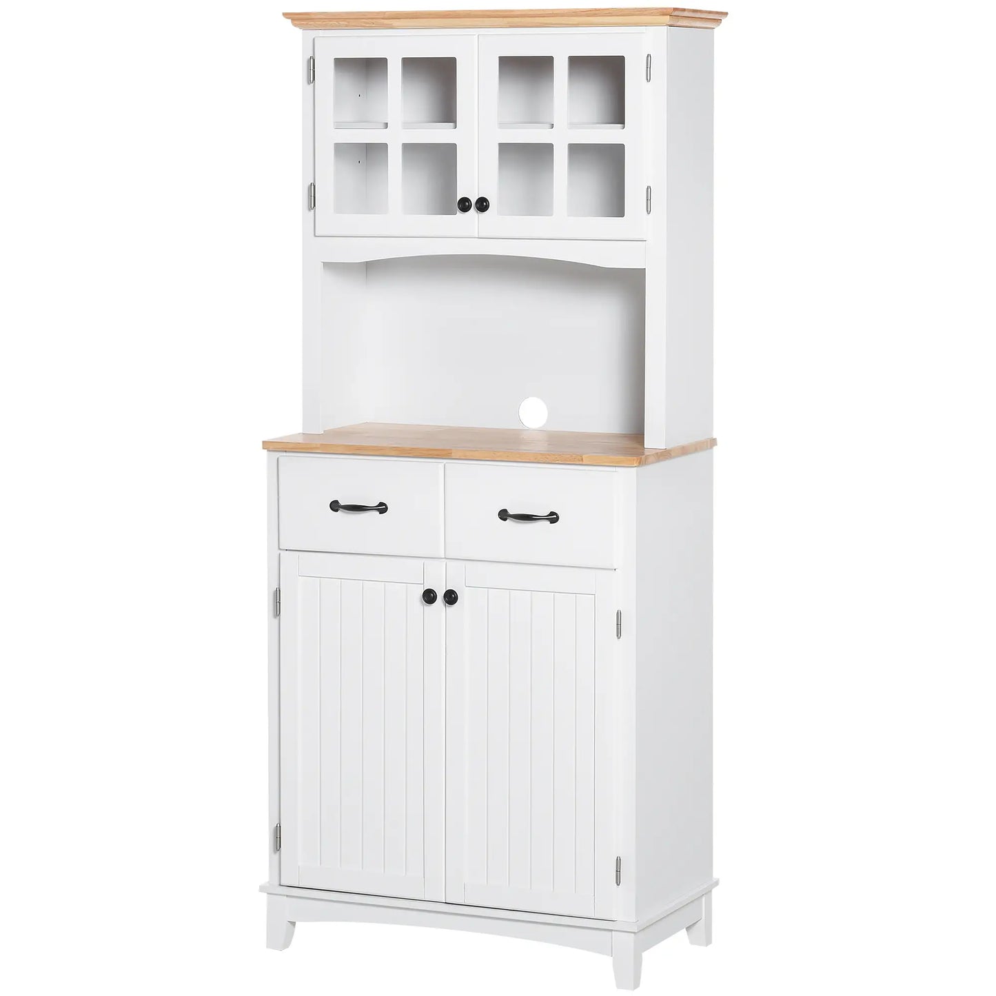 Buffet de cuisine style côtier, armoire de rangement en bois, porte vitrée encadrée, blanc