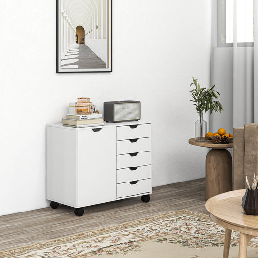 Mobile 5-Drawer Filing Cabinet, Door, Adjustable Shelf, Rolling Storage Cabinets White at Gallery Canada