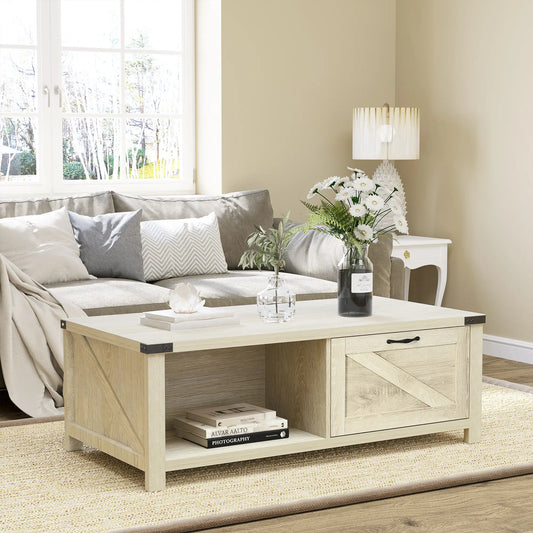 Industrial Coffee Table with Drawer, Open Shelf, White Oak, White