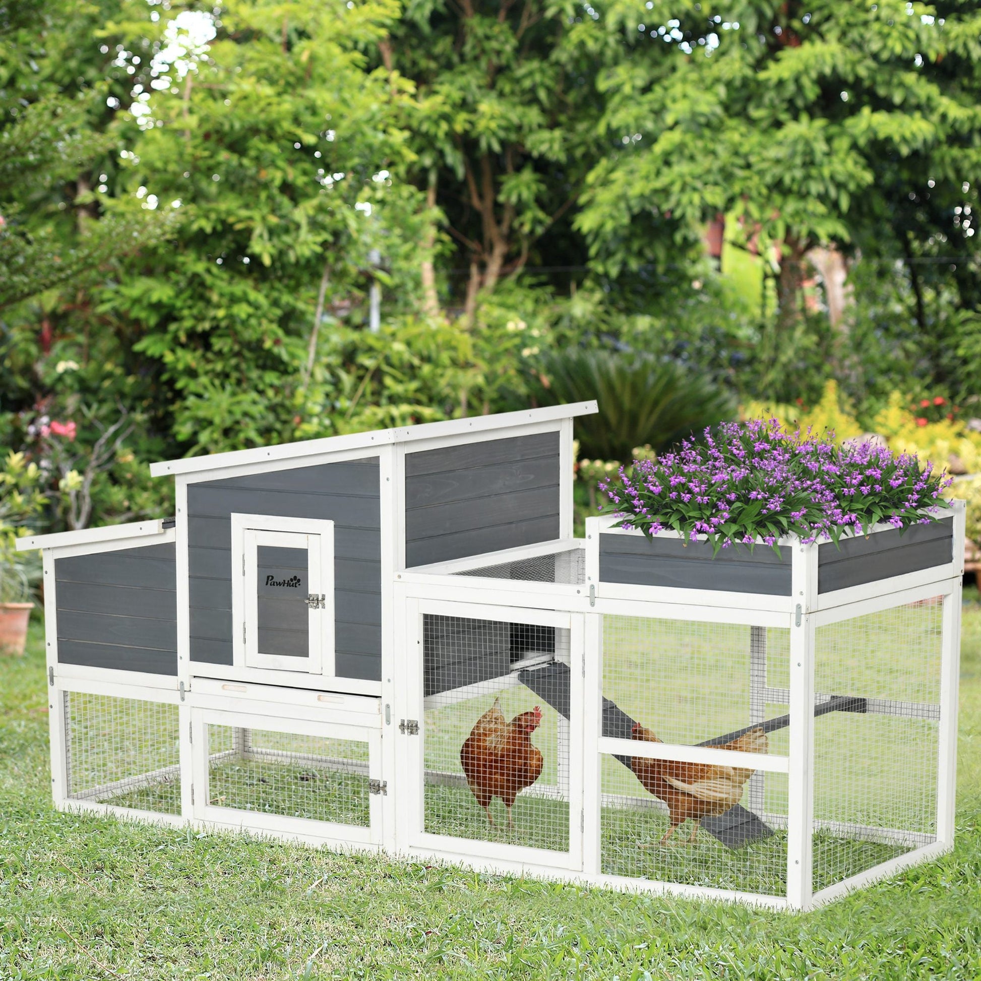 76" Wooden Chicken Coop, Outdoor Hen House Poultry Cage with Plant Box, Openable Roof, Outdoor Run, Nesting Box, Removable Tray and Lockable Doors, Grey at Gallery Canada