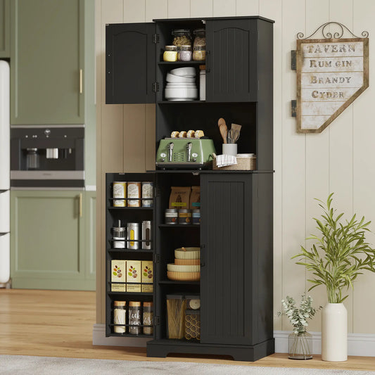 71.5" Tall Pantry Cabinet, Farmhouse Kitchen Storage, Adjustable Shelves, Black Kitchen Pantry Cabinets Black at Gallery Canada