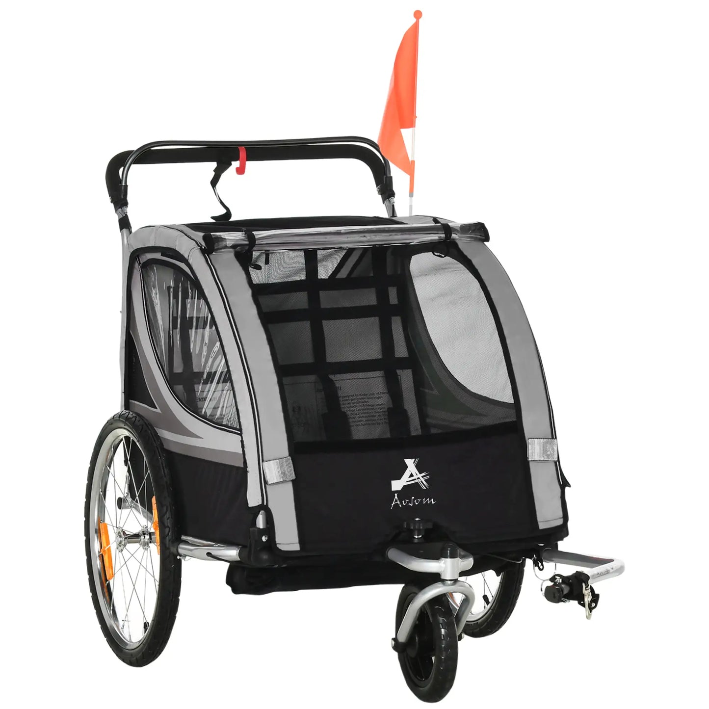2 Seat Bike Trailer, 2-in-1 Baby Stroller, Handbrake, Rubber Wheels, Grey Kids Bike Trailers at Gallery Canada