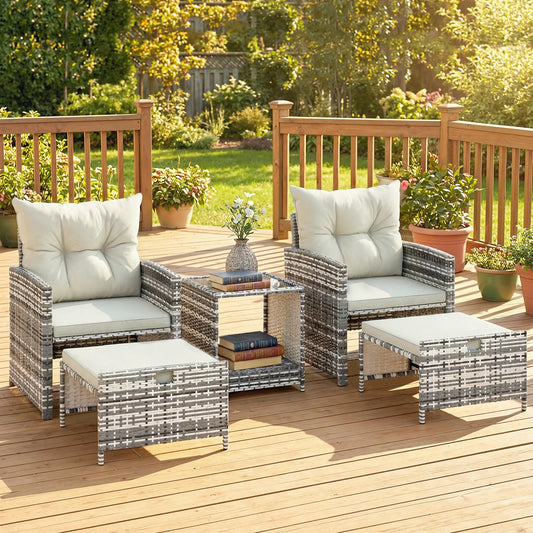 5 Piece Patio Furniture Set, Wicker Chairs With Ottomans, 2-Tier Glass Coffee Table, Grey/Cream White Patio Furniture Sets Mixed Grey, Cream White, Black at Gallery Canada