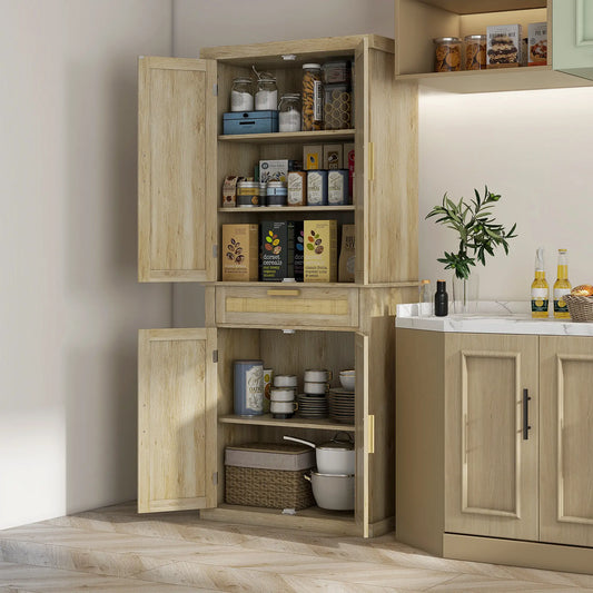 72" Kitchen Storage Cabinet, Rattan Pantry, 4 Doors, Drawer, 5-Tier Shelf, Oak Kitchen Pantry Cabinets Oak at Gallery Canada