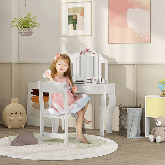Kids Vanity Set, Dressing Table with Mirror, Drawer, Ages 3-8, White Toy Vanity White at Gallery Canada