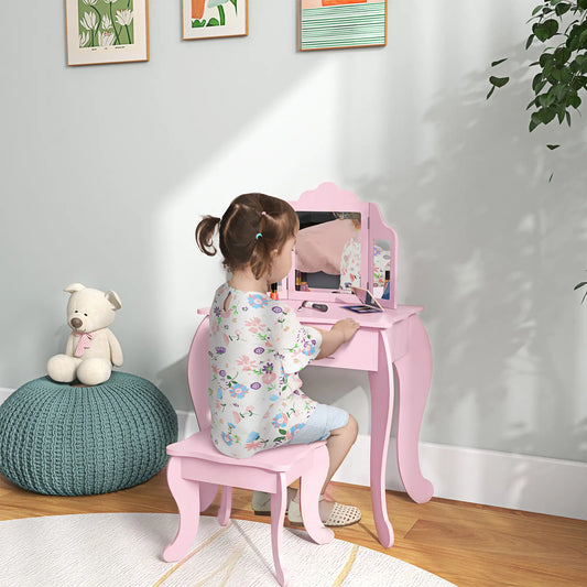 Kids Vanity Table and Stool, Makeup Set with Tri-Folding Mirrors, Pink Kids Bedroom Furniture Pink at Gallery Canada