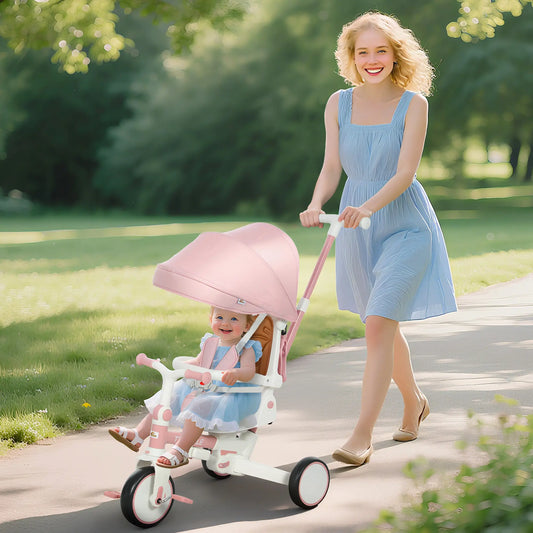 7 in 1 Toddler Tricycle, Safety Harness, Adjustable Parent Handle, Pink Tricycles for Kids Pink at Gallery Canada