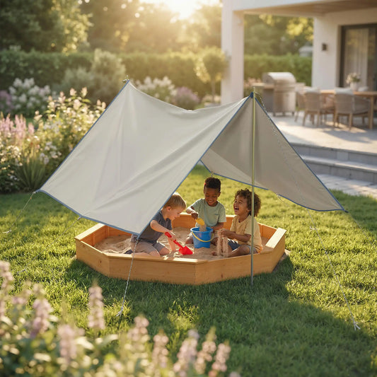 Wooden Kids Sandbox With Large Canopy, 4 Bench Seats, Bottom Liner, Yellow Sandboxes & Accessories Yellow, Grey, Black at Gallery Canada