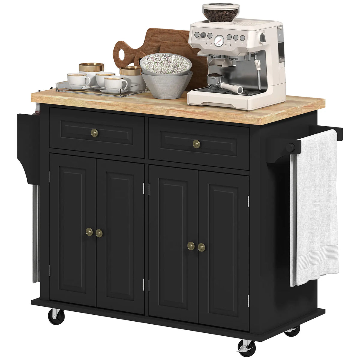 Kitchen Island with Storage, Rolling Cart, Rubber Wood Top, Black