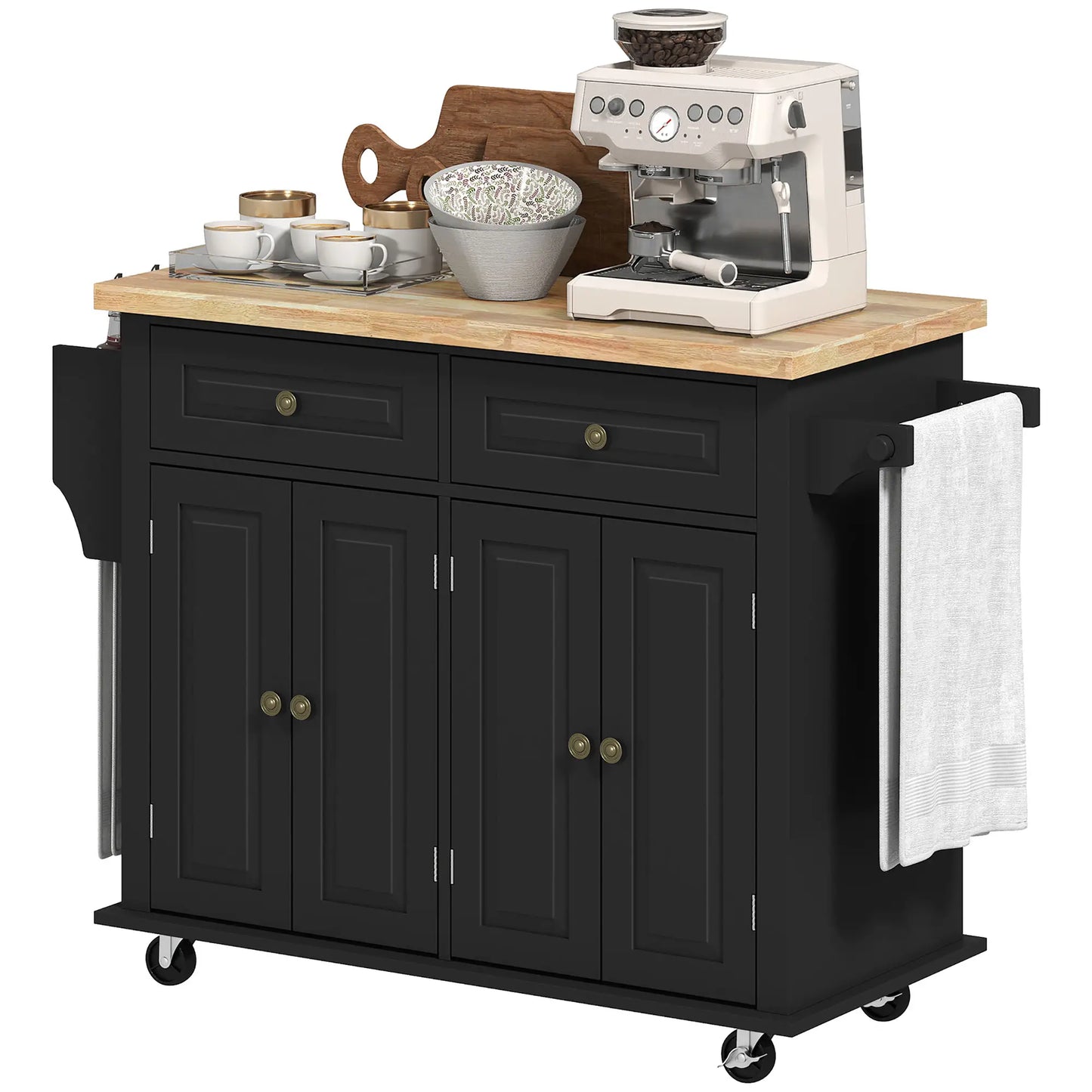 Kitchen Island with Storage, Rolling Trolley Cart with Rubber Wood Top, Spice Rack, Towel Rack, Black Kitchen Islands & Kitchen Carts at Gallery Canada