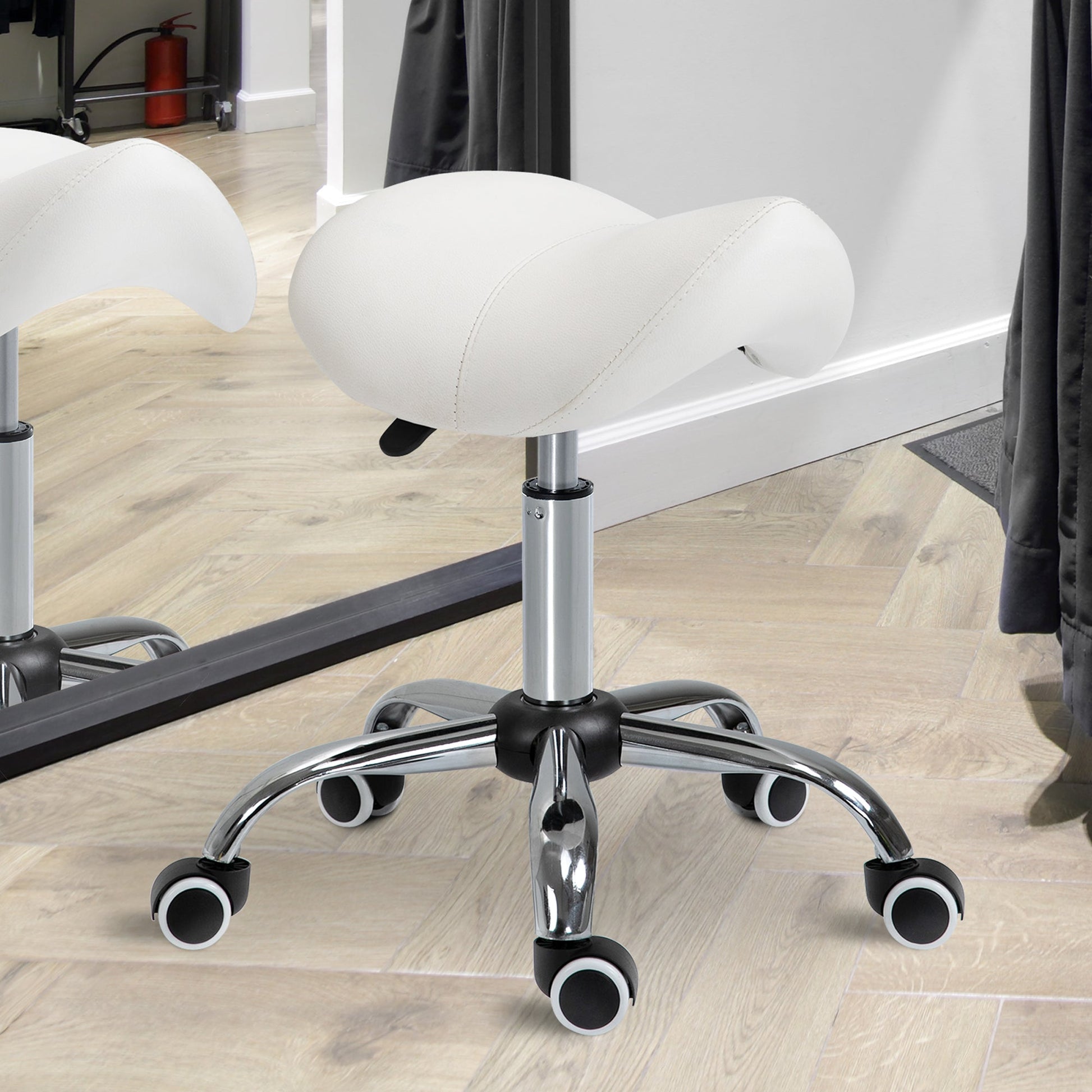 Adjustable Hydraulic Rolling Salon Stool Swivel Saddle Chair Spa Beauty Seat PU Leather, Cream White at Gallery Canada