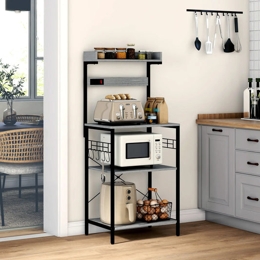 Kitchen Baker's Rack with Power Outlet, Adjustable Shelves, Distressed Grey, Grey Bar Cabinets Distressed Grey, Black at Gallery Canada