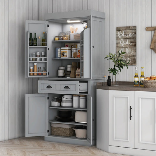 71" Kitchen Pantry Cabinet, LED Lights, 6 Spice Racks, Drawer, 4 Shelves, Grey Kitchen Pantry Cabinets Grey at Gallery Canada