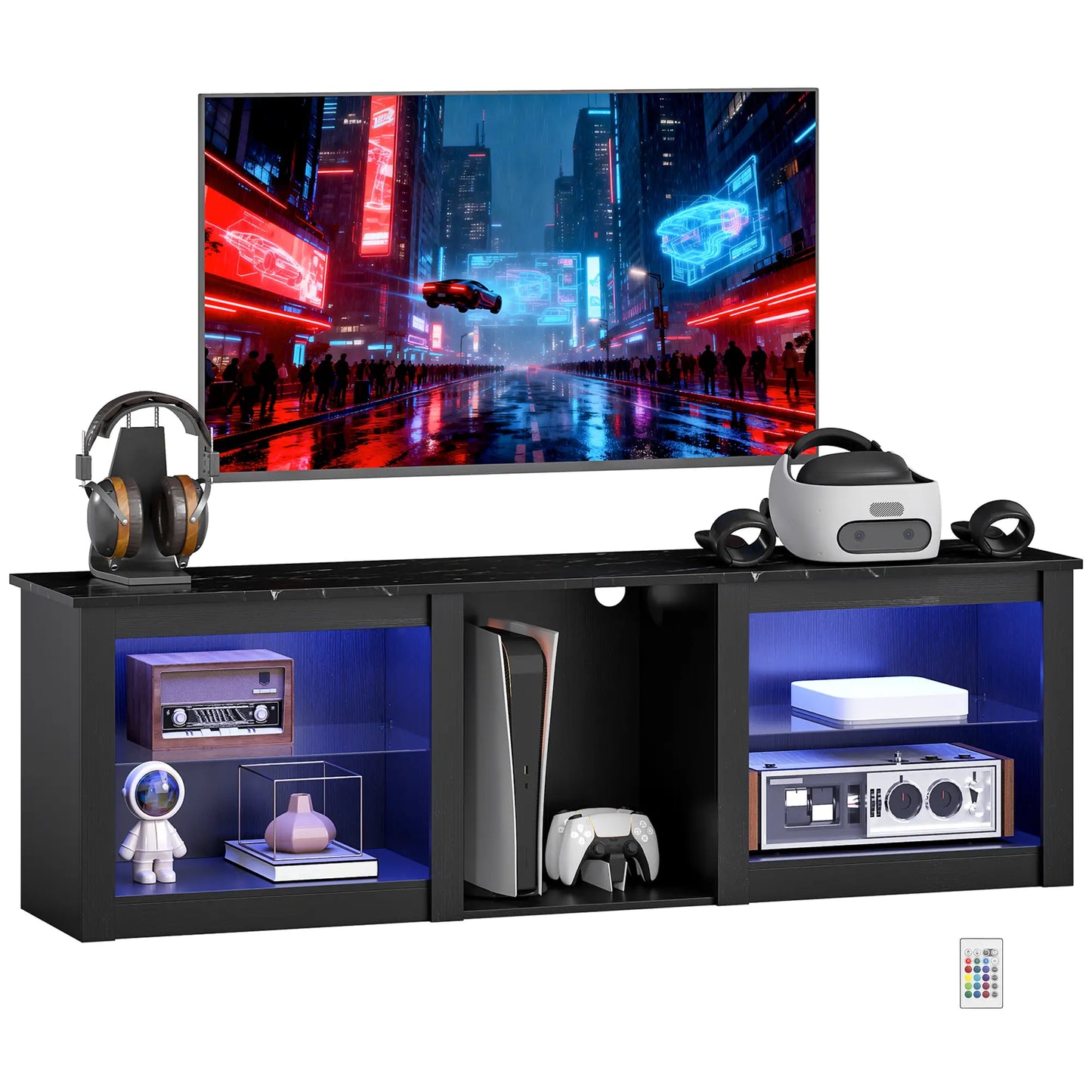 TV Stand With LED Lights, Adjustable Glass Shelves, For 65 Inch TVs, Black TV Stands at Gallery Canada
