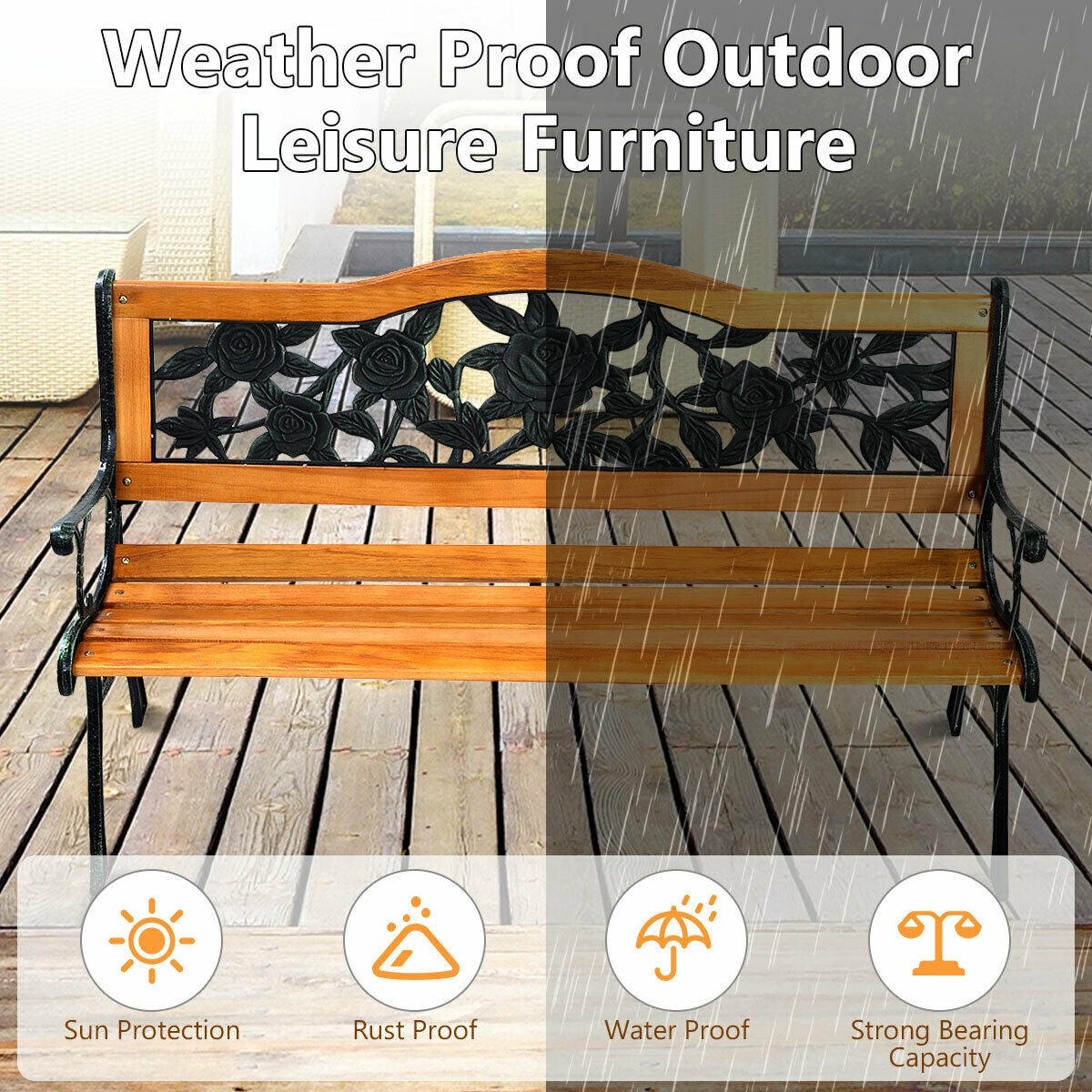 Cast Iron Patio Bench, Rose Pattern Backrest, Natural Outdoor Benches at Gallery Canada