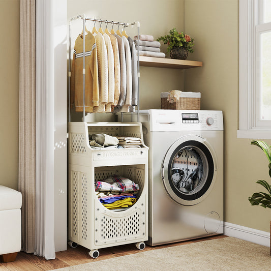 3-Tier Laundry Cart, Folding Hamper With Hanging Bar, 8 Hooks, Beige Laundry Baskets Beige at Gallery Canada