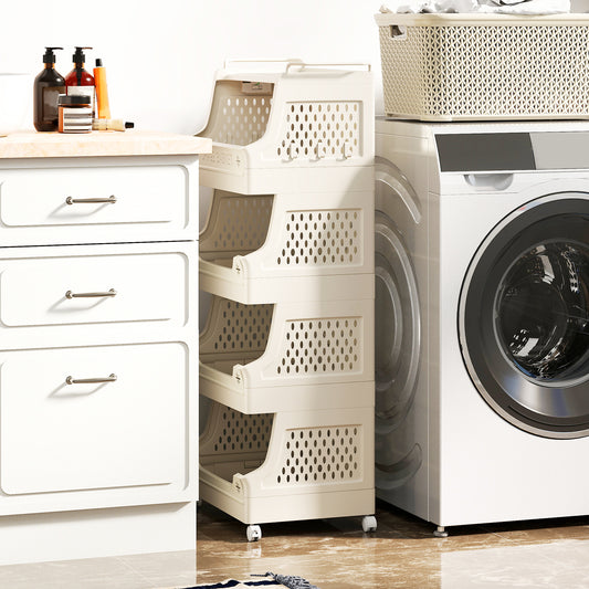 5-Tier Rolling Laundry Basket With Wheels, Plastic Storage Cart, Beige Laundry Baskets Beige at Gallery Canada