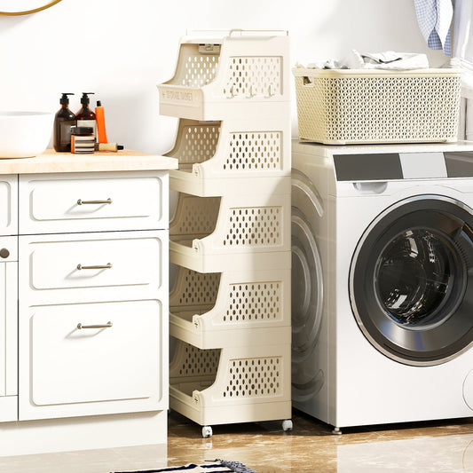 6-Tier Rolling Laundry Basket, Plastic Storage Cart With Wheels, Beige Laundry Baskets Beige at Gallery Canada