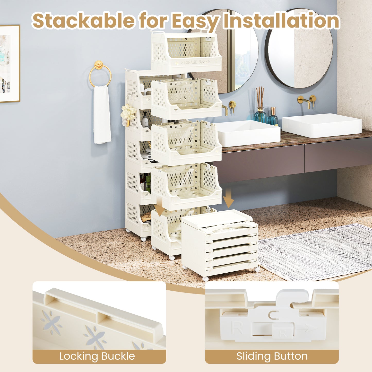 6-Tier Rolling Laundry Basket with Wheels Plastic Storage Cart with Side Hooks, Beige Laundry Baskets at Gallery Canada