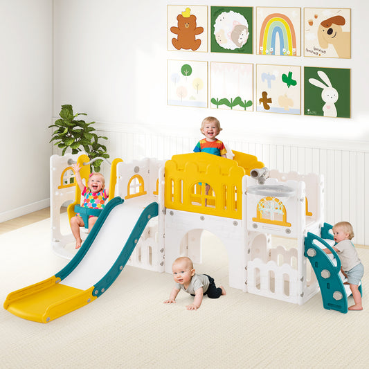 10-in-1 Toddler Swing Slide Climber Playset, Basketball Hoop, Yellow Climbers & Slides Yellow at Gallery Canada