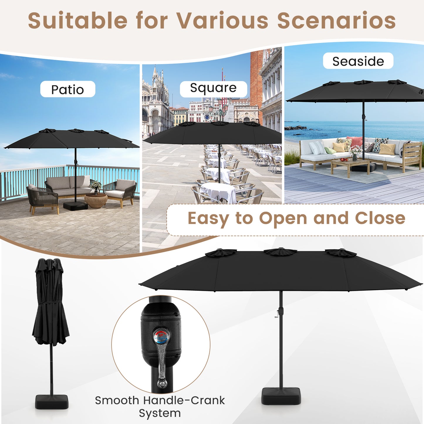 15 Feet Double-Sided Twin Patio Umbrella with Crank and Base, Black Outdoor Umbrellas at Gallery Canada