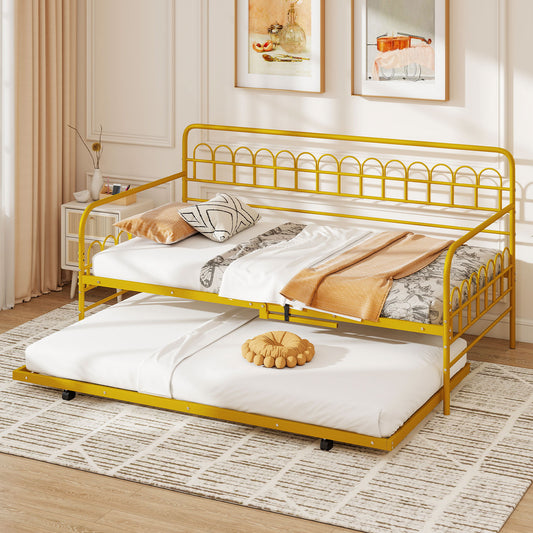 Twin Daybed With Curved Backrest, Armrests, Gold Trundle Bed Frame Gold at Gallery Canada