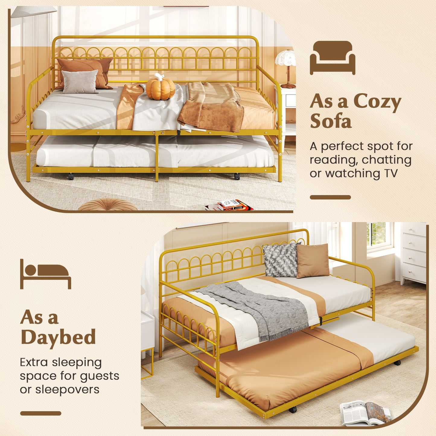 Twin Daybed With Curved Backrest, Armrests, Gold Trundle Bed Frame at Gallery Canada