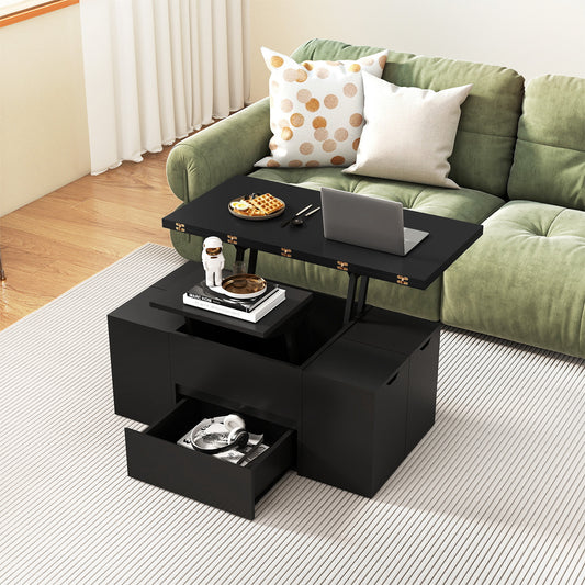 3-in-1 Expandable Lift Top Coffee Table with 4 Storage Stools and Hidden Compartment for 4-8 People, Black