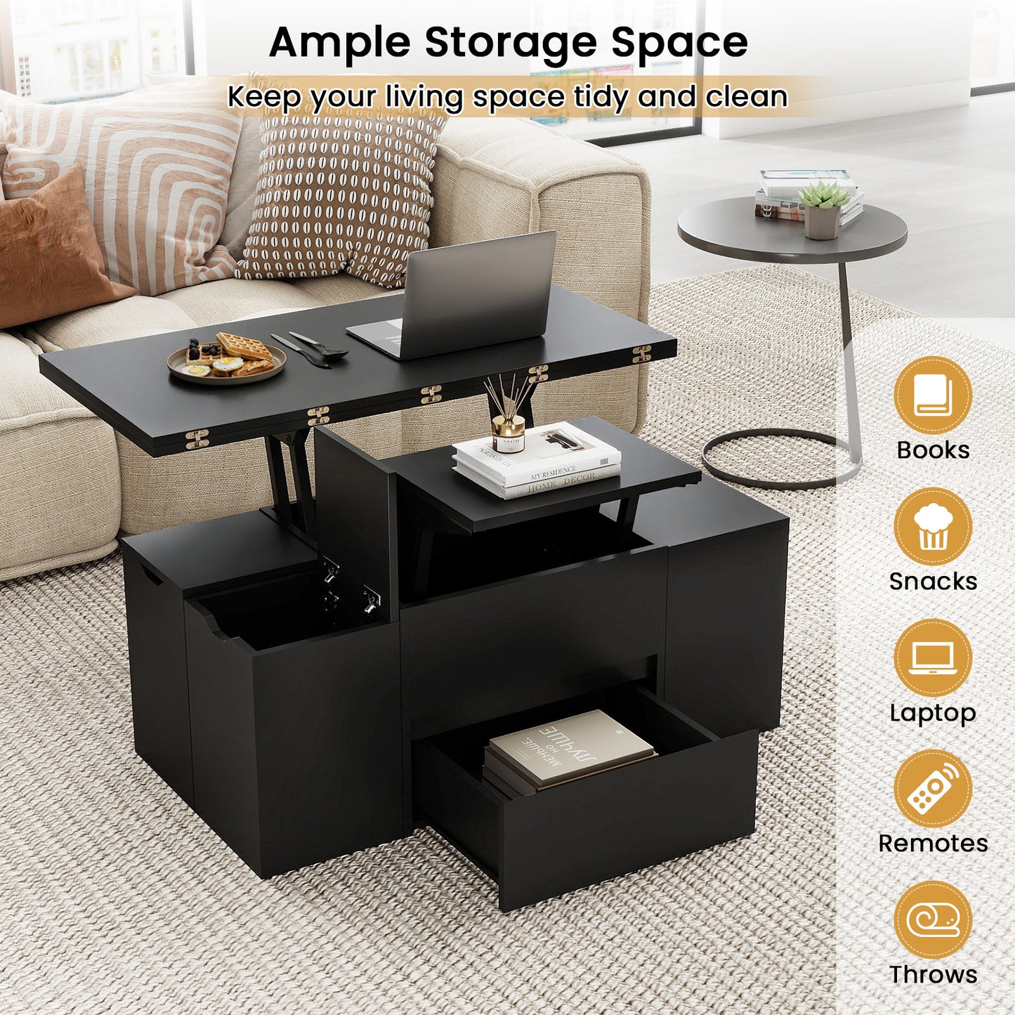 3-in-1 Expandable Lift Top Coffee Table with 4 Storage Stools and Hidden Compartment for 4-8 People, Black