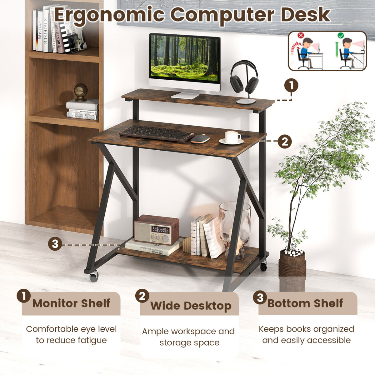32 Inch Rolling Computer Desk, With Power Outlets, Rustic Brown Writing Desks at Gallery Canada