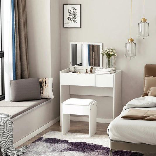 Modern Vanity Set, Flip Top Mirror, Cushioned Stool, Storage Drawer, White Dressing & Vanity Tables White at Gallery Canada