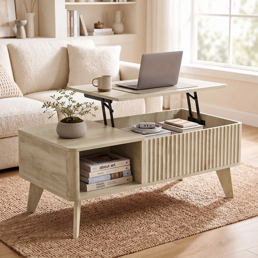 40 Inch Fluted Lift Top Coffee Table, Storage, Oak Coffee Tables Oak at Gallery Canada