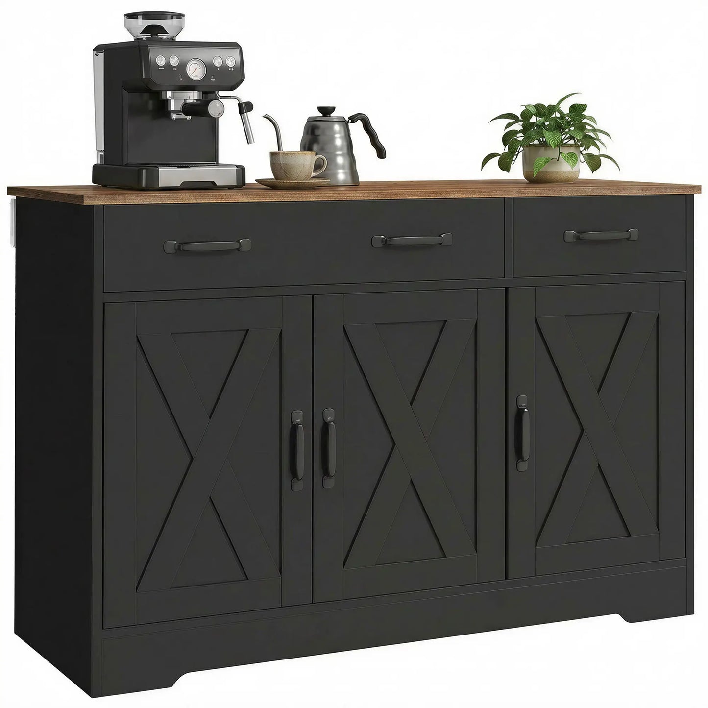 43" Sideboard Buffet Cabinet, 3 Barn Doors, 2 Drawers, Black Bar Cabinets at Gallery Canada
