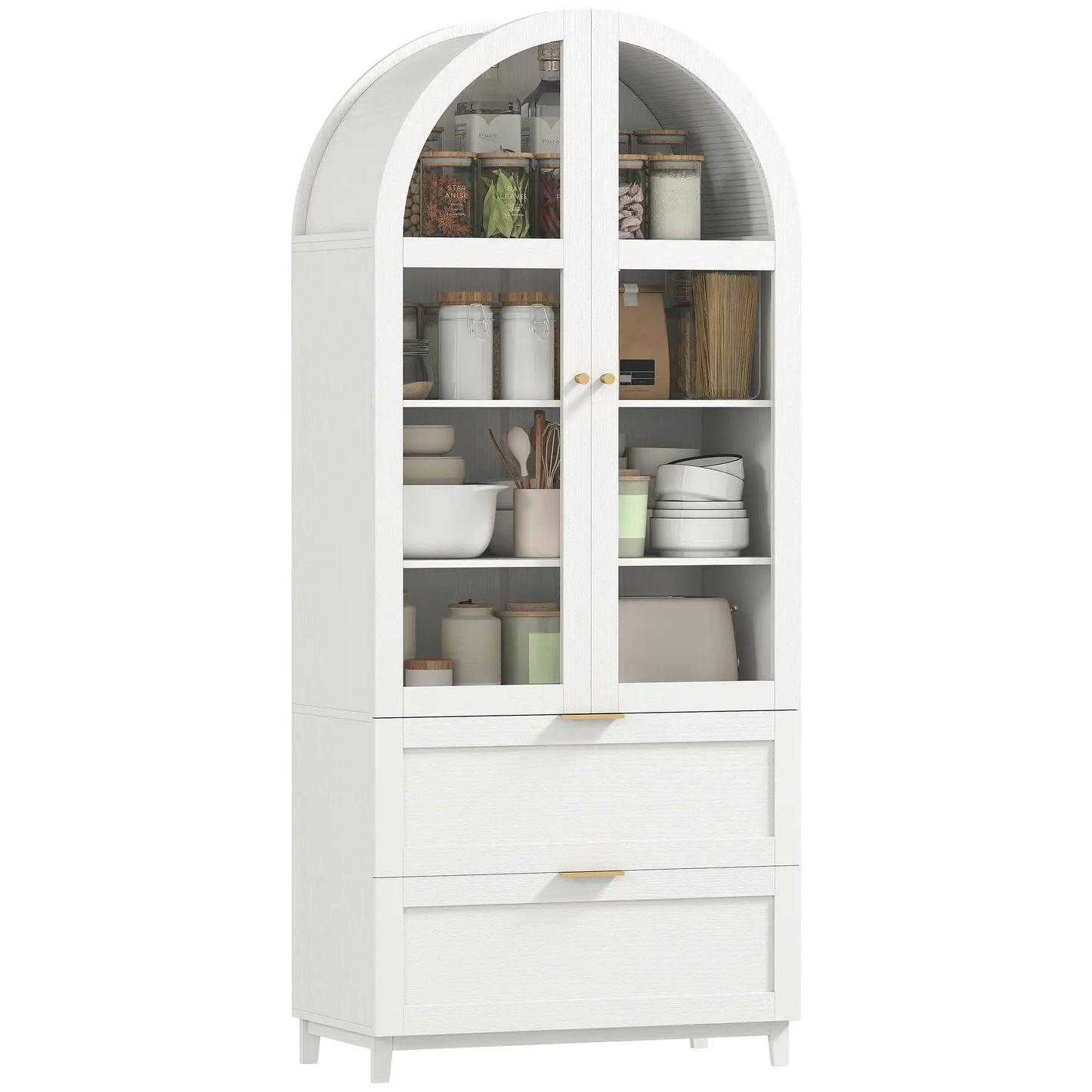 71" Tall White Arched Kitchen Pantry Cabinet, Shelves, 2 Drawers, Acrylic Doors, White Kitchen Pantry Cabinets at Gallery Canada